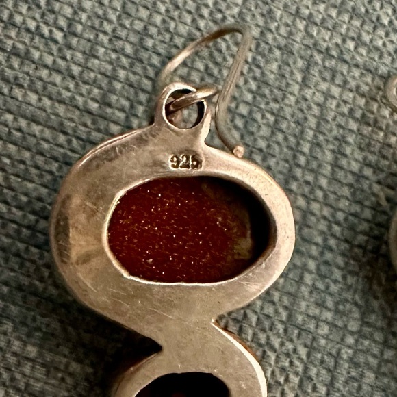 Glittered Stone Red Quartz Dangle Fishhook .925 Sterling Silver Earrings - Picture 6 of 6